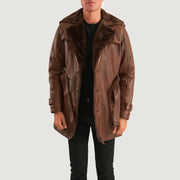 
Hunter Distressed Brown Fur Leather Coat - Lateral Side Profile View Showing Sleeve Cut & Athletic Taper Fit
