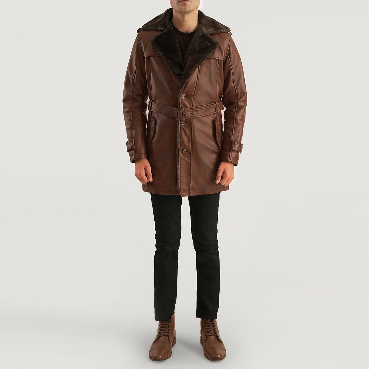 
Close-Up Detail of Notch & Button Hardware on Hunter Distressed Brown Fur Leather Coat