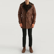 
Close-Up Detail of Notch & Button Hardware on Hunter Distressed Brown Fur Leather Coat