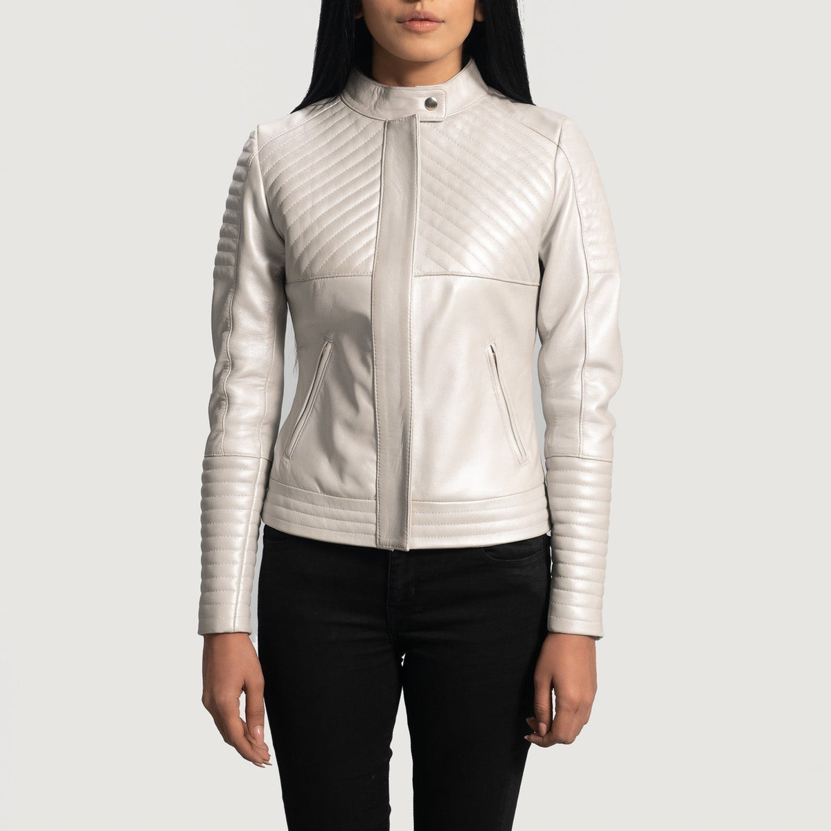 
Ice Maiden Silver Quilted Leather Biker Jacket in Silver Sheepskin Leather - Front Profile View & Tailored Silhouette | Buy Online