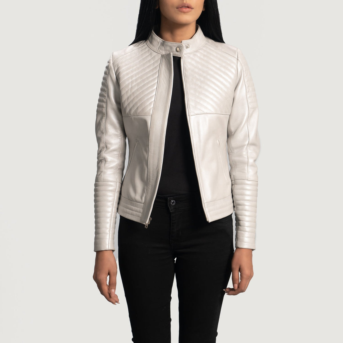 
Ice Maiden Silver Quilted Leather Biker Jacket - Lateral Side Profile View Showing Sleeve Cut & Athletic Taper Fit