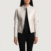 
Ice Maiden Silver Quilted Leather Biker Jacket - Lateral Side Profile View Showing Sleeve Cut & Athletic Taper Fit