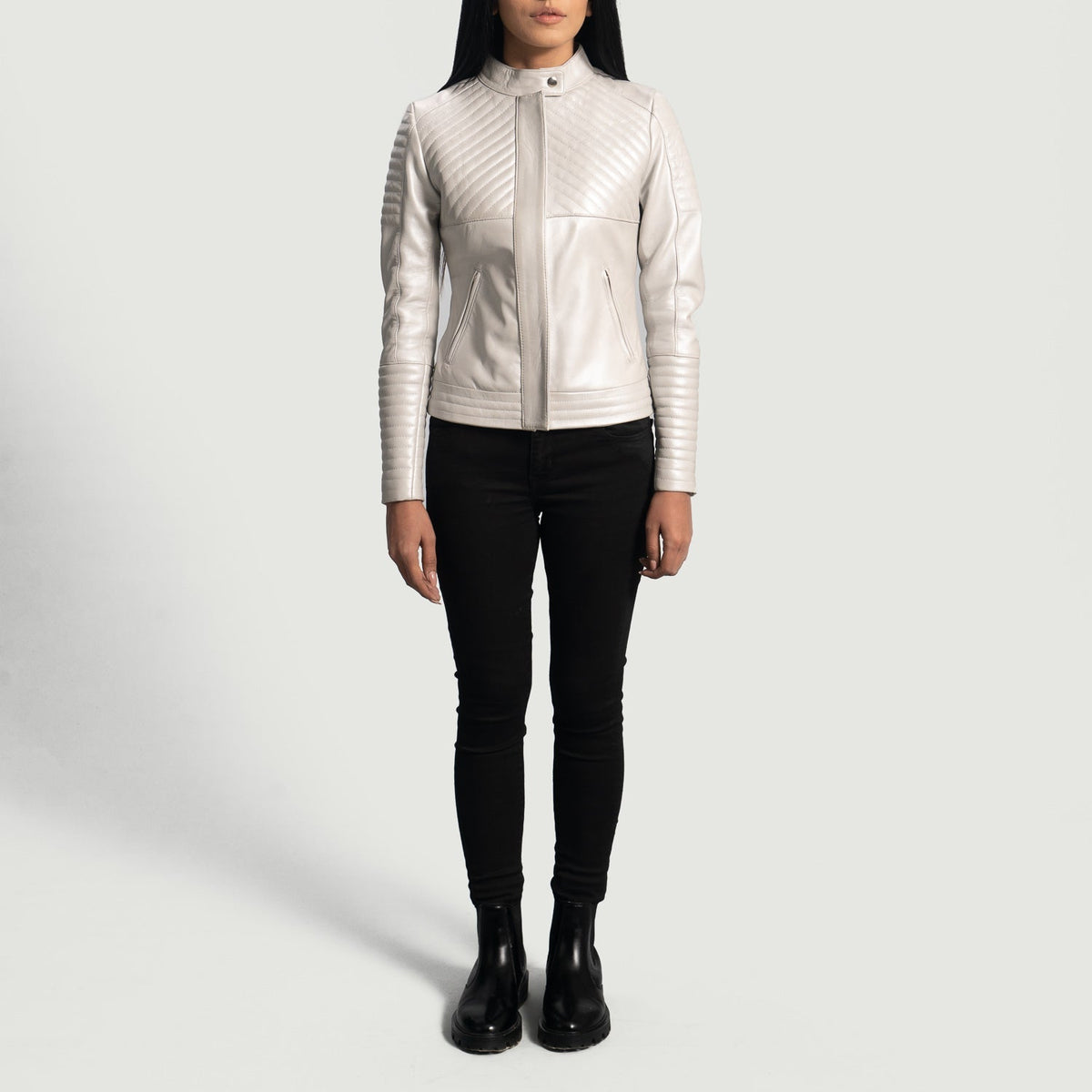 Close-Up Detail of Band with snap button & Zipper Hardware on Ice Maiden Silver Quilted Leather Biker Jacket
