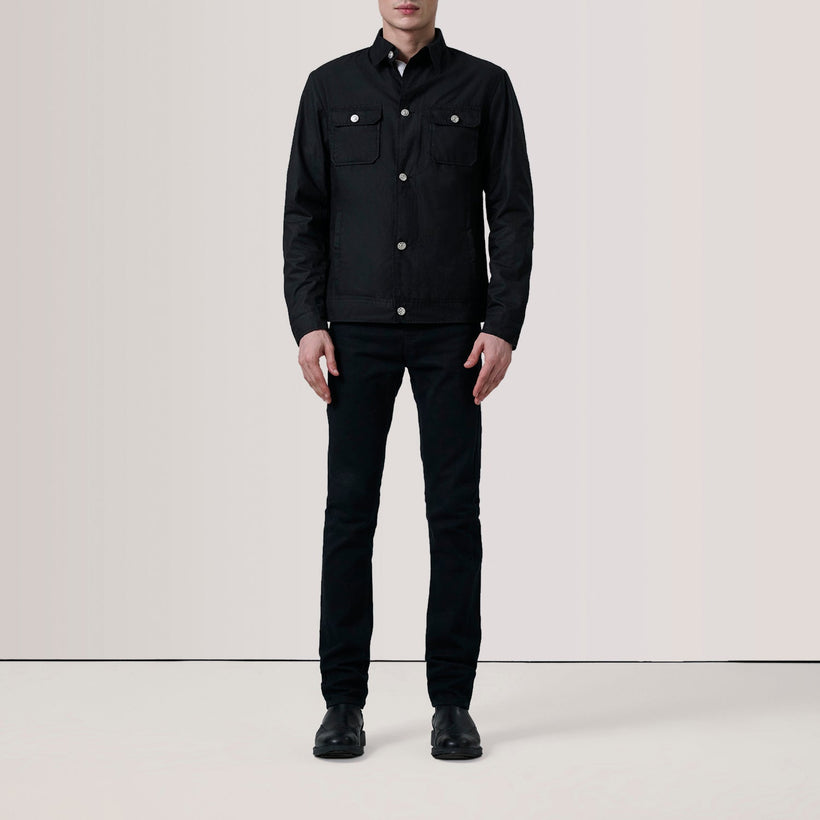 Black Waxed Cotton Canvas Leather Jacket - Back View Showing Tailored Shoulder Fit & Clean Hemline