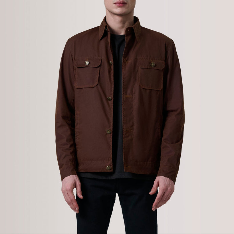 Irwin Brown Waxed Canvas Field Jacket For Men in Brown Waxed Cotton Canvas - Front Profile View & Tailored Silhouette | Buy Online