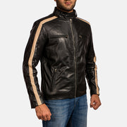 Close-Up Detail of Band with snap button &amp; Zipper Hardware on Men's Jack Svart Bikerjakke i Skinn for Herre