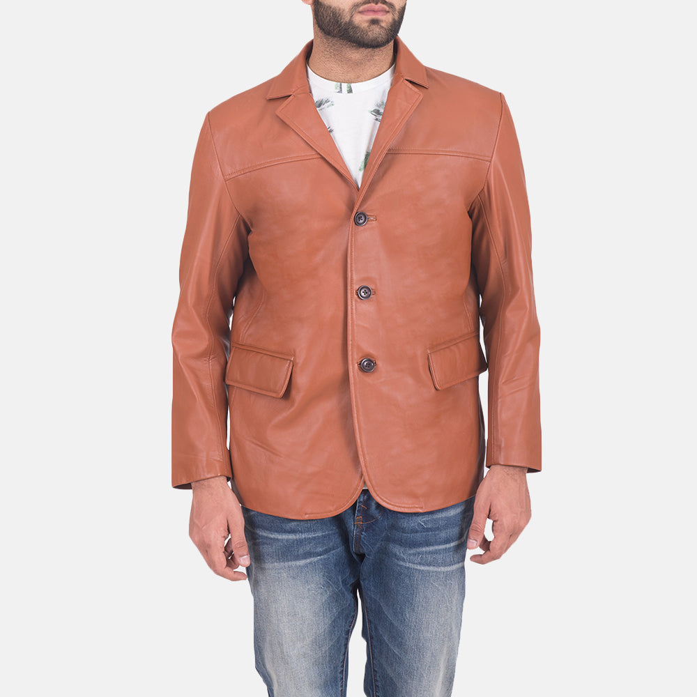 James Lys brun Brun Skinnblazer for Herre in Brown Sheepskin Leather - Front Profile View &amp; Tailored Silhouette | Buy Online