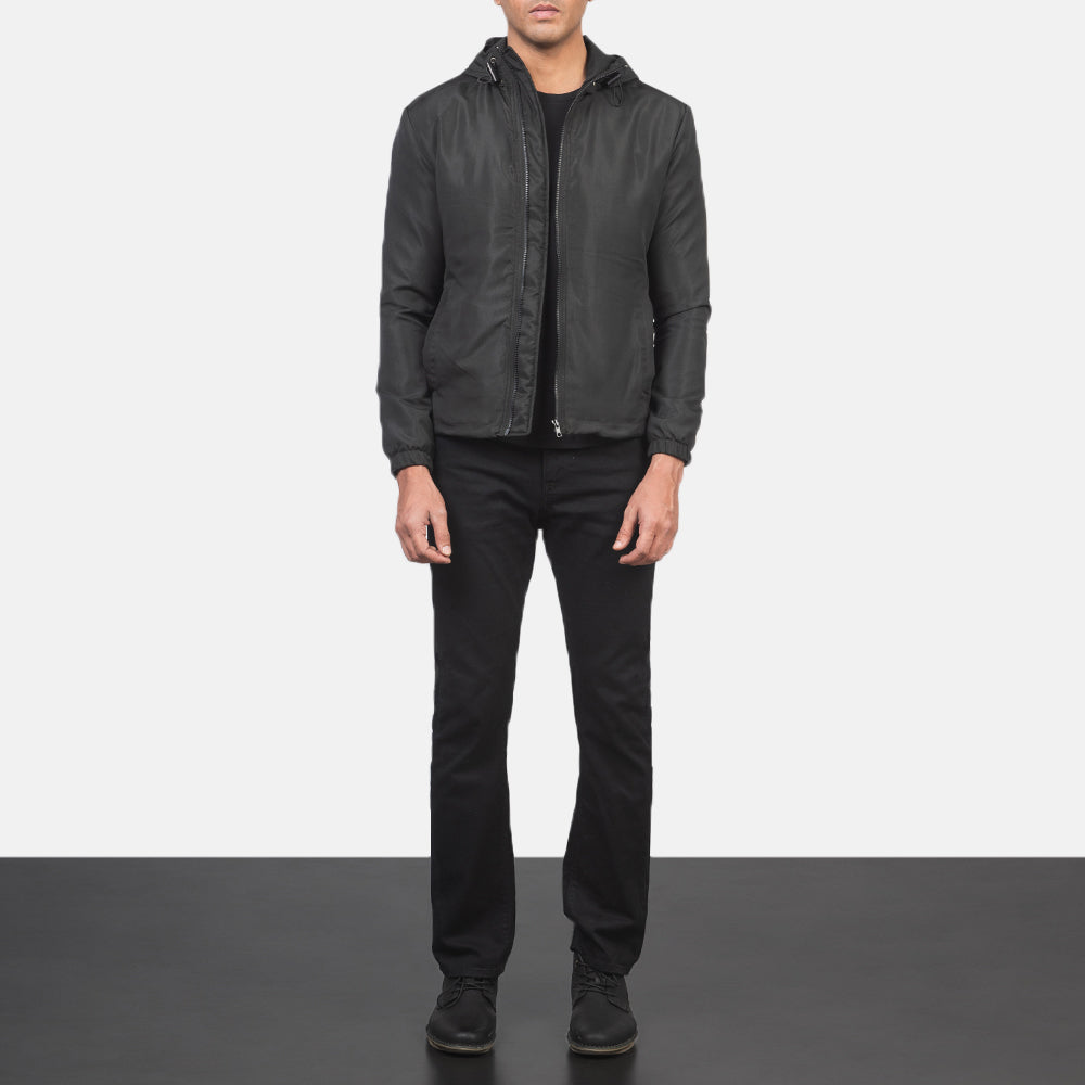 
Jimmy Black Hooded Windbreaker Jacket - Lateral Side Profile View Showing Sleeve Cut & Athletic Taper Fit