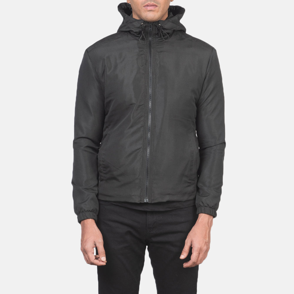 
Close-Up Detail of High Neck with Hood & Zipper with wind flap Hardware on Jimmy Black Hooded Windbreaker Jacket