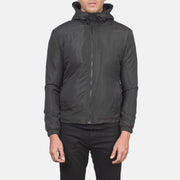 
Close-Up Detail of High Neck with Hood & Zipper with wind flap Hardware on Jimmy Black Hooded Windbreaker Jacket