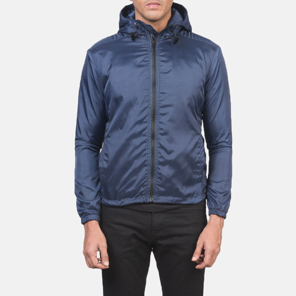 Jimmy Blue Hooded Windbreaker Jacket in Blue Nylon - Front Profile View & Tailored Silhouette | Buy Online