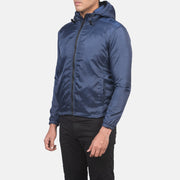 
Blue Nylon Hooded Jacket - Back View Showing Tailored Shoulder Fit & Clean Hemline