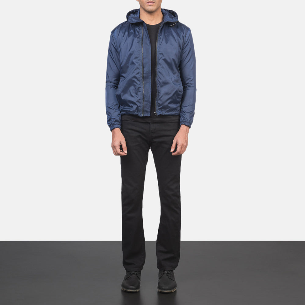Jimmy Blue Hooded Windbreaker Jacket - Lateral Side Profile View Showing Sleeve Cut & Athletic Taper Fit