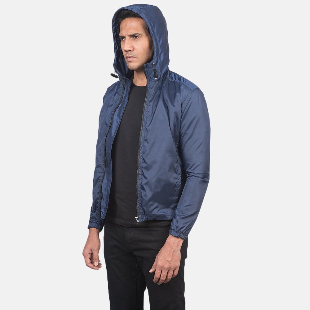 
Close-Up Detail of High Neck with Hood & Zipper with wind flap Hardware on Jimmy Blue Hooded Windbreaker Jacket