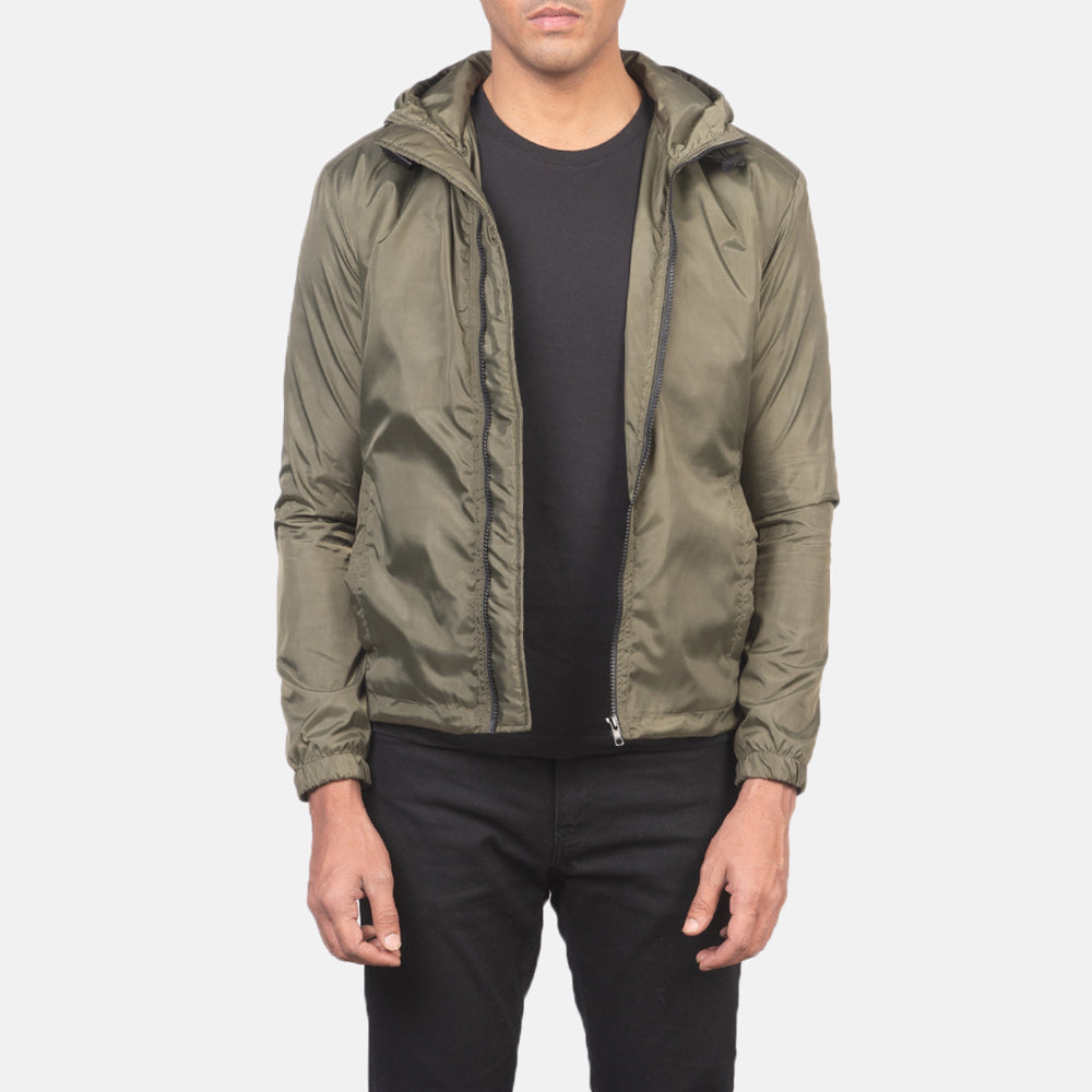 
Jimmy Green Hooded Windbreaker Jacket in Green Nylon - Front Profile View & Tailored Silhouette | Buy Online