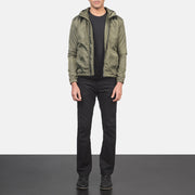 
Jimmy Green Hooded Windbreaker Jacket - Lateral Side Profile View Showing Sleeve Cut & Athletic Taper Fit