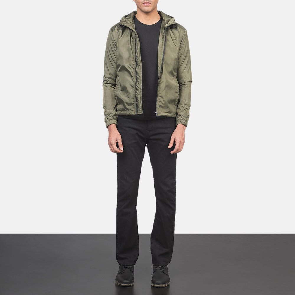 Jimmy Green Hooded Windbreaker Jacket - Lateral Side Profile View Showing Sleeve Cut & Athletic Taper Fit
