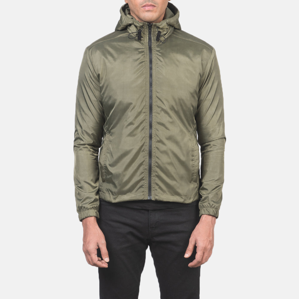 Close-Up Detail of High Neck with Hood & Zipper with wind flap Hardware on Jimmy Green Hooded Windbreaker Jacket