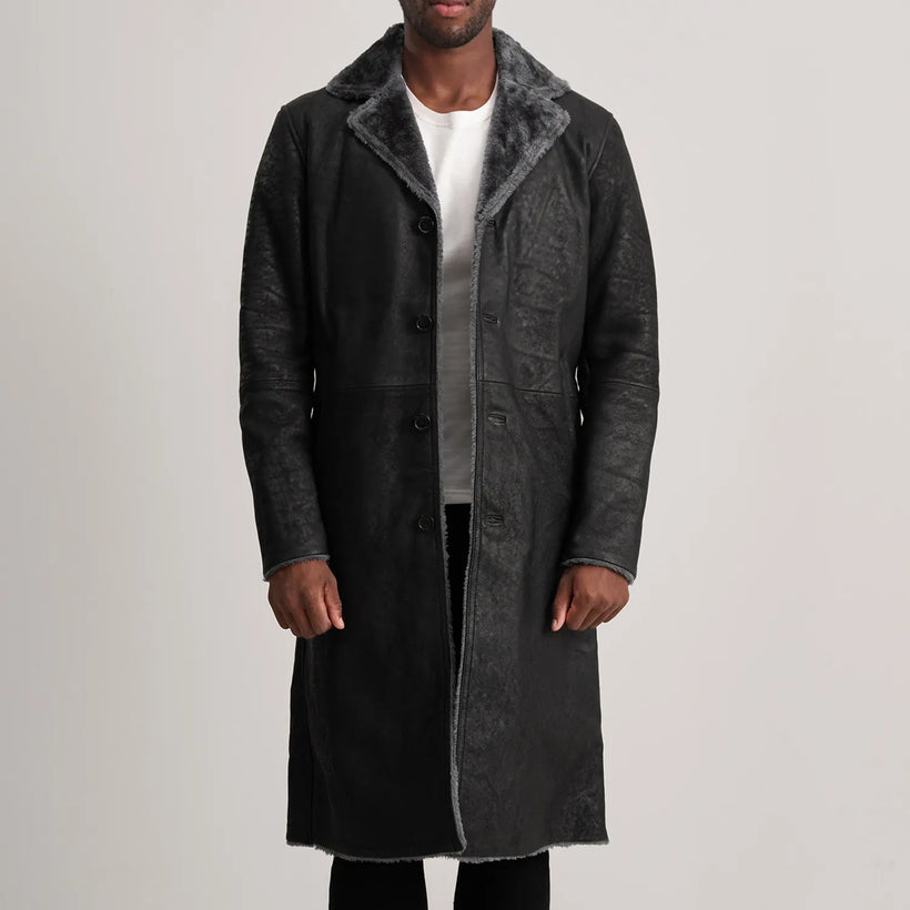 Kolby Distressed Black Leather Shearling Coat