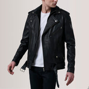 Kole Svart Leather Double Rider Skinnjakke for Herre For Men in Black Sheepskin Leather - Front Profile View &amp; Tailored Silhouette | Buy Online