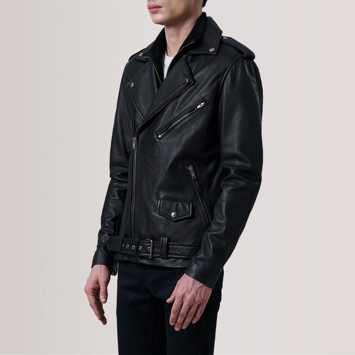Kole Svart Leather Double Rider Skinnjakke for Herre For Men - Lateral Side Profile View Showing Sleeve Cut &amp; Athletic Taper Fit