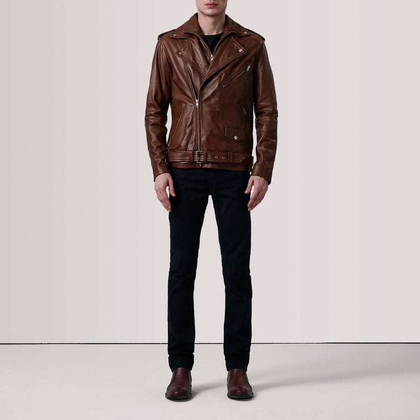 Kole Waxed Brun Leather Double Rider Skinnjakke for Herre