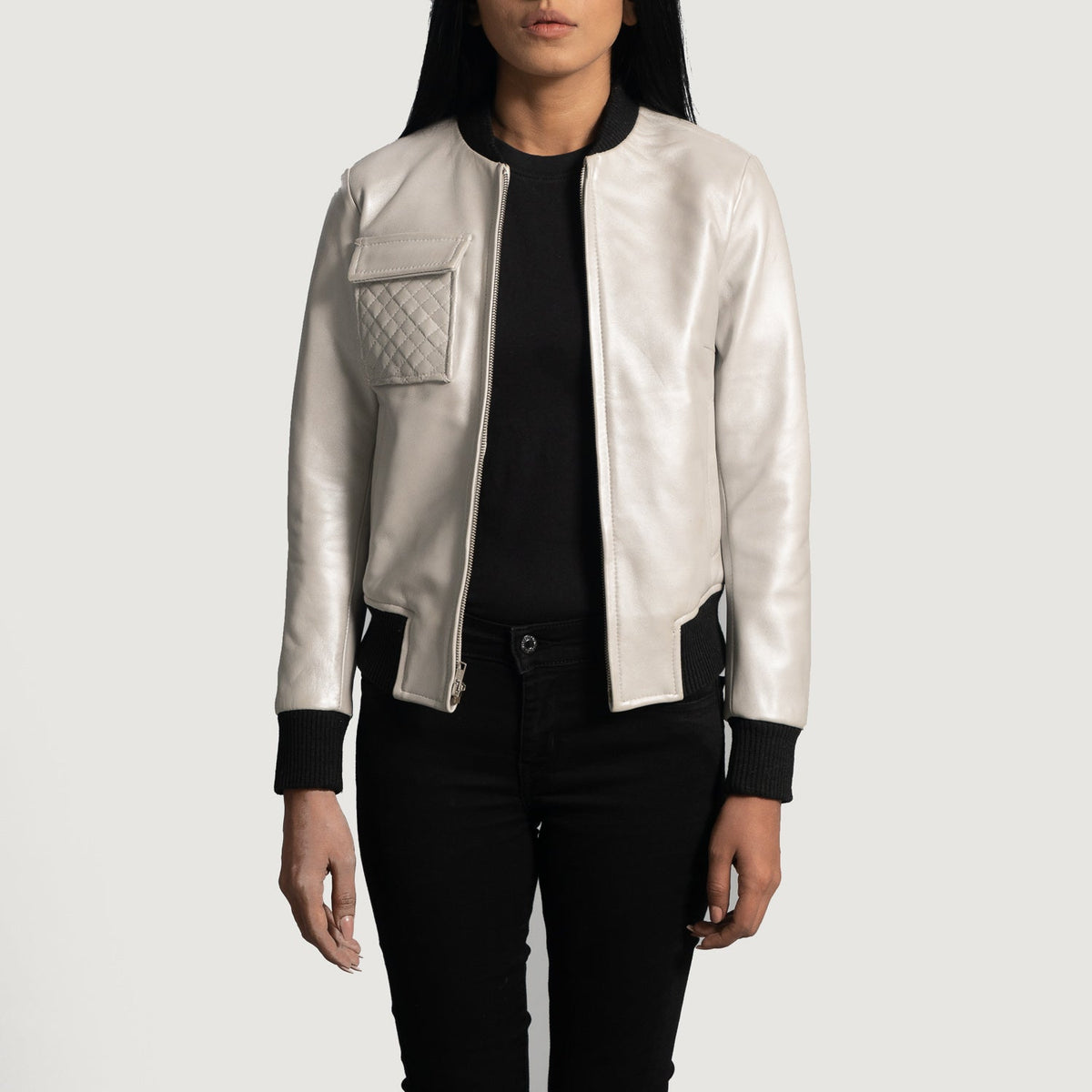 Women's Lana Silver Bomberjakke i Skinn for Kvinner in Silver Sheepskin Leather - Front Profile View &amp; Tailored Silhouette | Buy Online