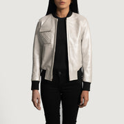 Women's Lana Silver Bomberjakke i Skinn for Kvinner in Silver Sheepskin Leather - Front Profile View &amp; Tailored Silhouette | Buy Online