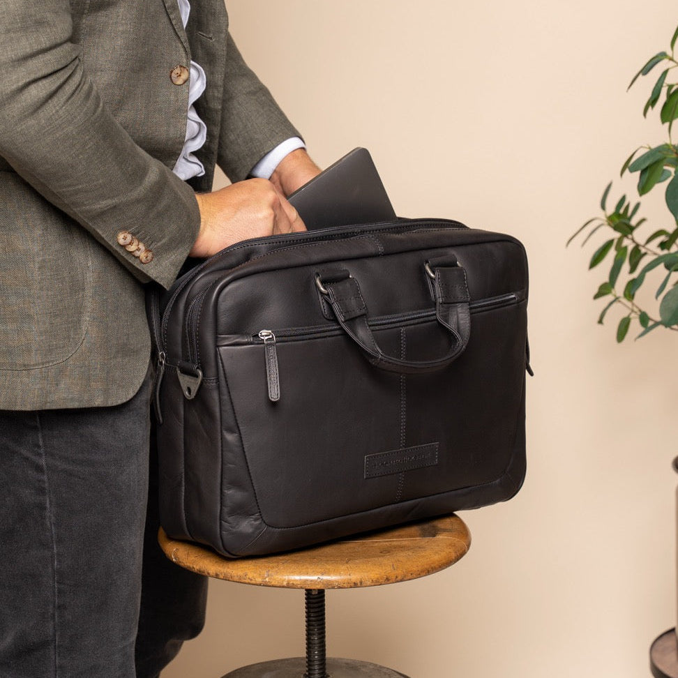 Seth Full-Grain Leather Laptop Bag - Structured Side Profile Showing Gusset Depth & Expansion Capacity