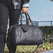 Classic 100% Full-Grain Leather Duffle Bag - Rear Perspective Showing Reinforced Leather Straps &amp; Stitching
