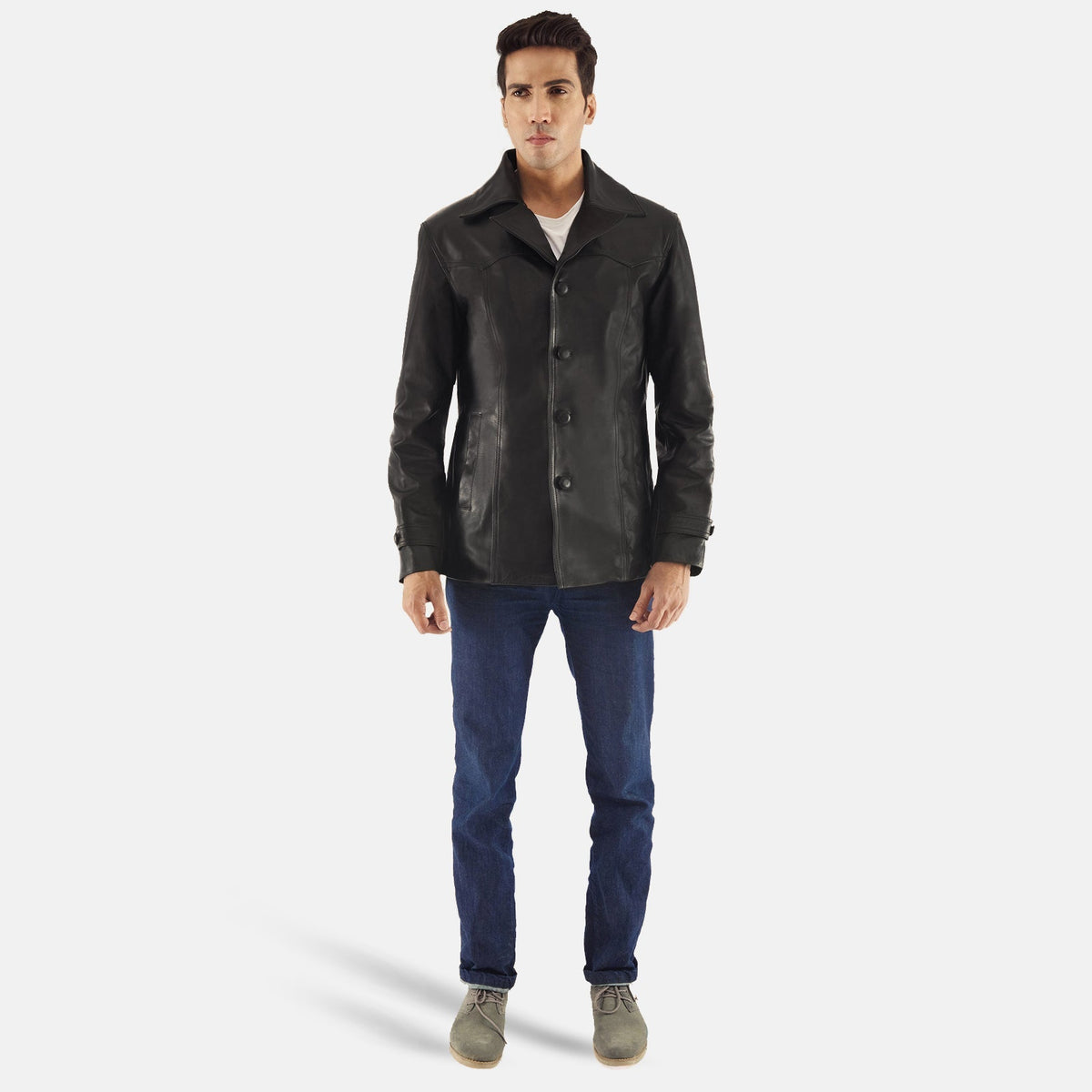 Leo Svart Skinnkåpe for Herre - Lateral Side Profile View Showing Sleeve Cut &amp; Athletic Taper Fit