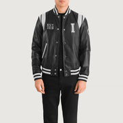Liberte Illinois Svart Leather Varsity Skinnjakke for Herre in Black &amp; White Sheepskin Leather - Front Profile View &amp; Tailored Silhouette | Buy Online