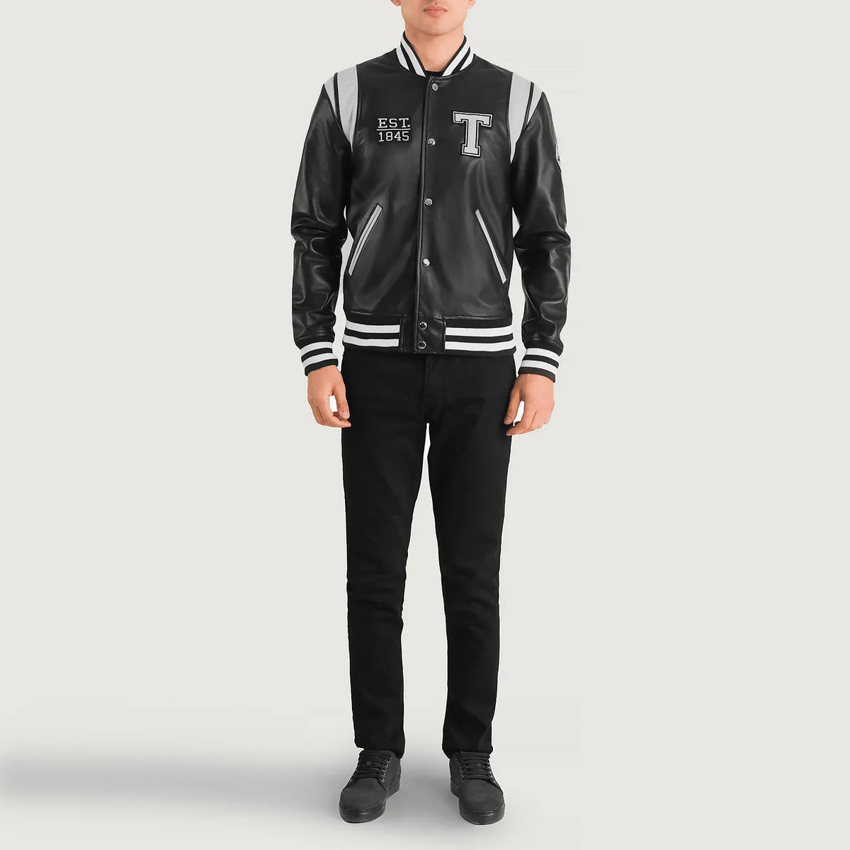 Liberte Texas Svart Leather Varsity Skinnjakke for Herre - Lateral Side Profile View Showing Sleeve Cut &amp; Athletic Taper Fit