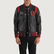 
Liberte USA Black Leather Varsity Jacket in Black Sheepskin Leather - Front Profile View & Tailored Silhouette | Buy Online