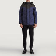 
Luka Black & Blue Hooded Puffer Jacket - Lateral Side Profile View Showing Sleeve Cut & Athletic Taper Fit