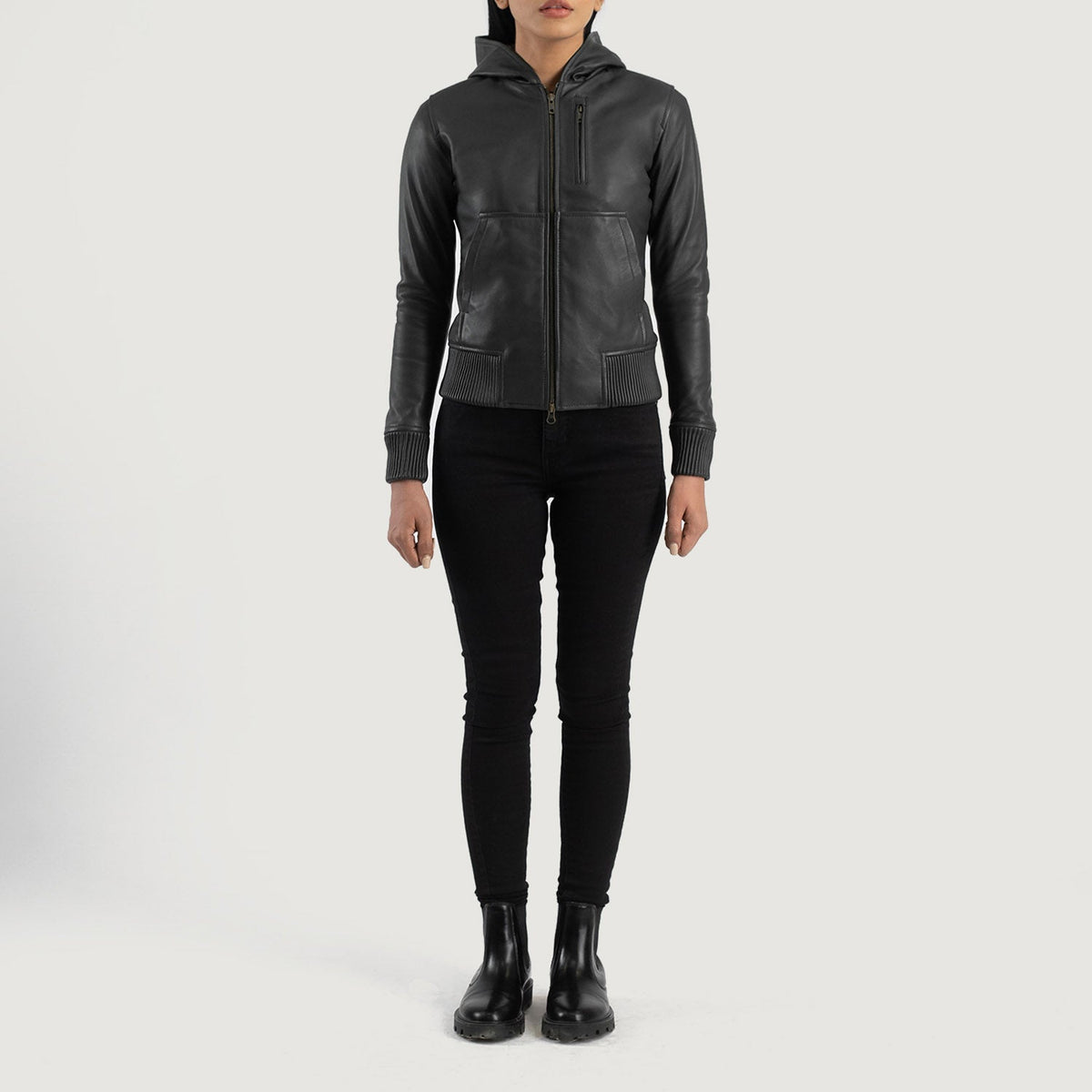 Luna Hooded Bomberjakke i Skinn for Kvinner – alternate product view 3