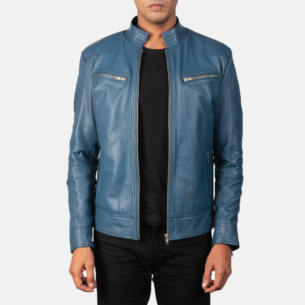 Mack Blue Bikerjakke i Skinn for Herre in Blue Sheepskin Leather - Front Profile View &amp; Tailored Silhouette | Buy Online