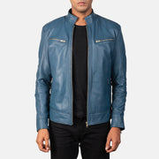 Mack Blue Bikerjakke i Skinn for Herre in Blue Sheepskin Leather - Front Profile View &amp; Tailored Silhouette | Buy Online