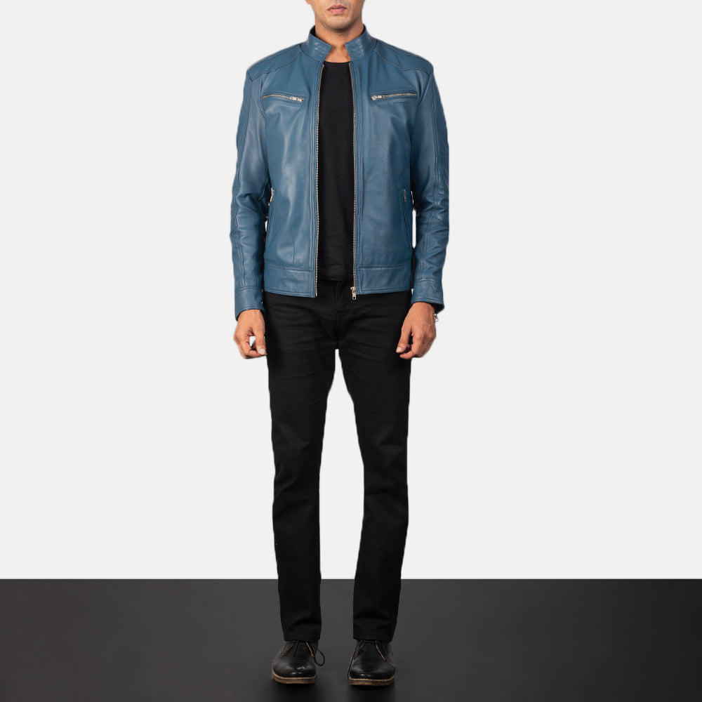 Mack Blue Bikerjakke i Skinn for Herre - Lateral Side Profile View Showing Sleeve Cut &amp; Athletic Taper Fit