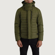 
Malcolm Green Hooded Puffer Jacket - Lateral Side Profile View Showing Sleeve Cut & Athletic Taper Fit