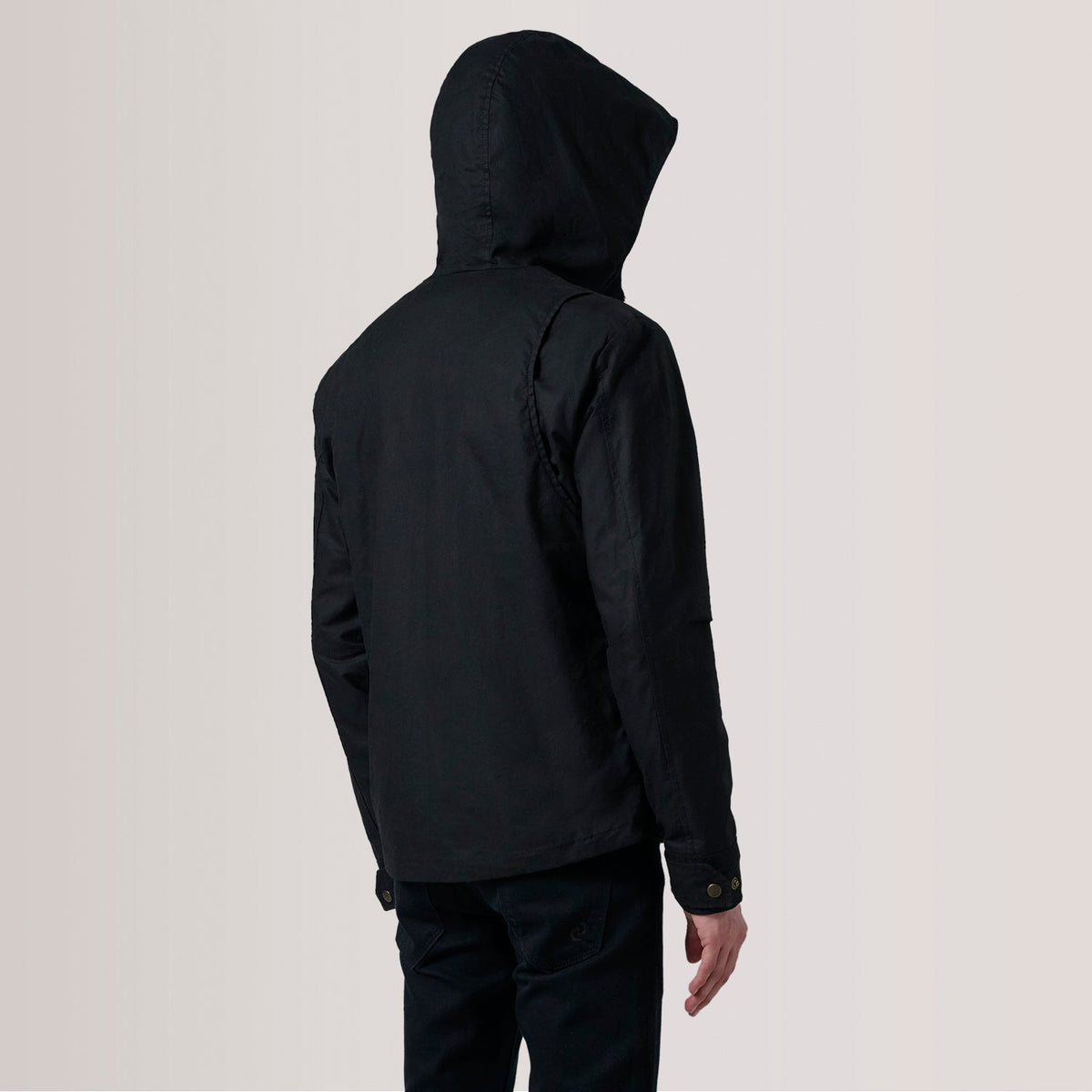 Close-Up Detail of Hooded &amp; Zipper with placket Hardware on Marlo Svart Canvas Hooded Work Skinnjakke for Herre For Men