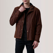 Marlo Brun Canvas Hooded Work Skinnjakke for Herre For Men in Brown Waxed Cotton Canvas - Front Profile View &amp; Tailored Silhouette | Buy Online