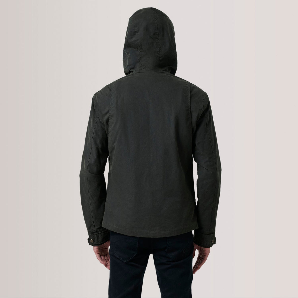 Close-Up Detail of Hooded &amp; Zipper with placket Hardware on Marlo Olive Canvas Hooded Work Skinnjakke for Herre For Men