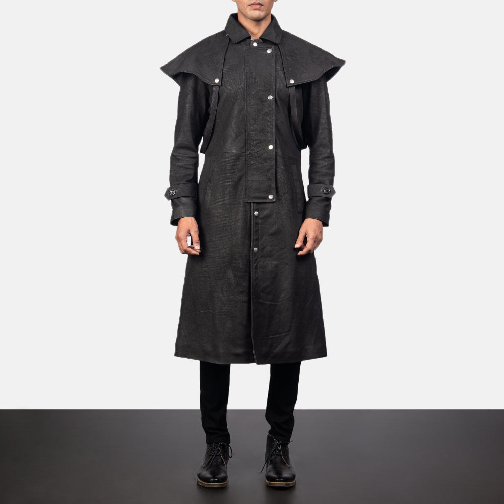 
Maverick Black Leather Duster in Distressed Black Sheepskin Snuffed - Front Profile View & Tailored Silhouette | Buy Online