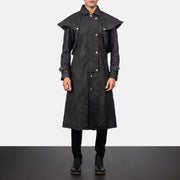
Maverick Black Leather Duster in Distressed Black Sheepskin Snuffed - Front Profile View & Tailored Silhouette | Buy Online