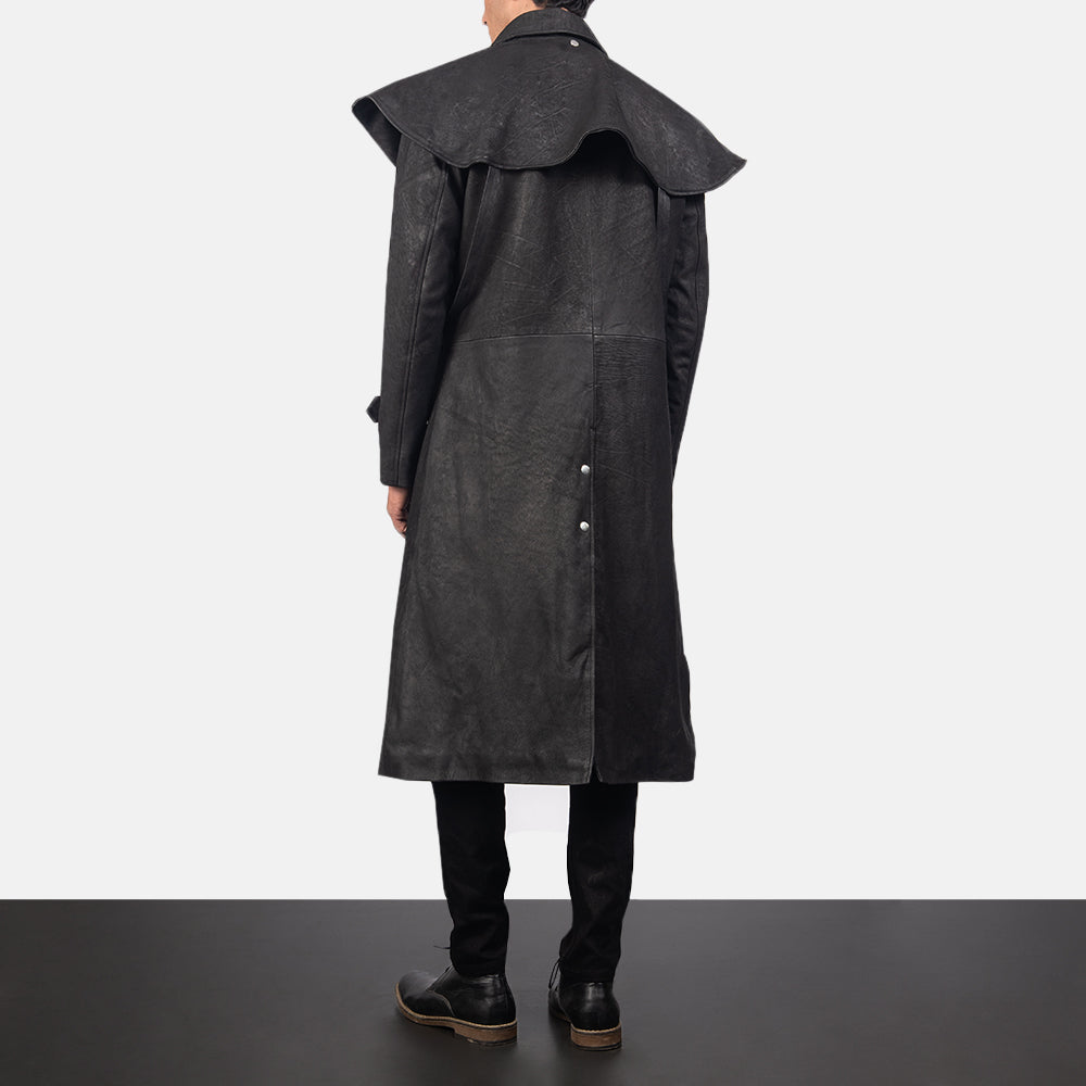 
Maverick Black Leather Duster - Lateral Side Profile View Showing Sleeve Cut & Athletic Taper Fit