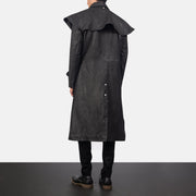 
Maverick Black Leather Duster - Lateral Side Profile View Showing Sleeve Cut & Athletic Taper Fit