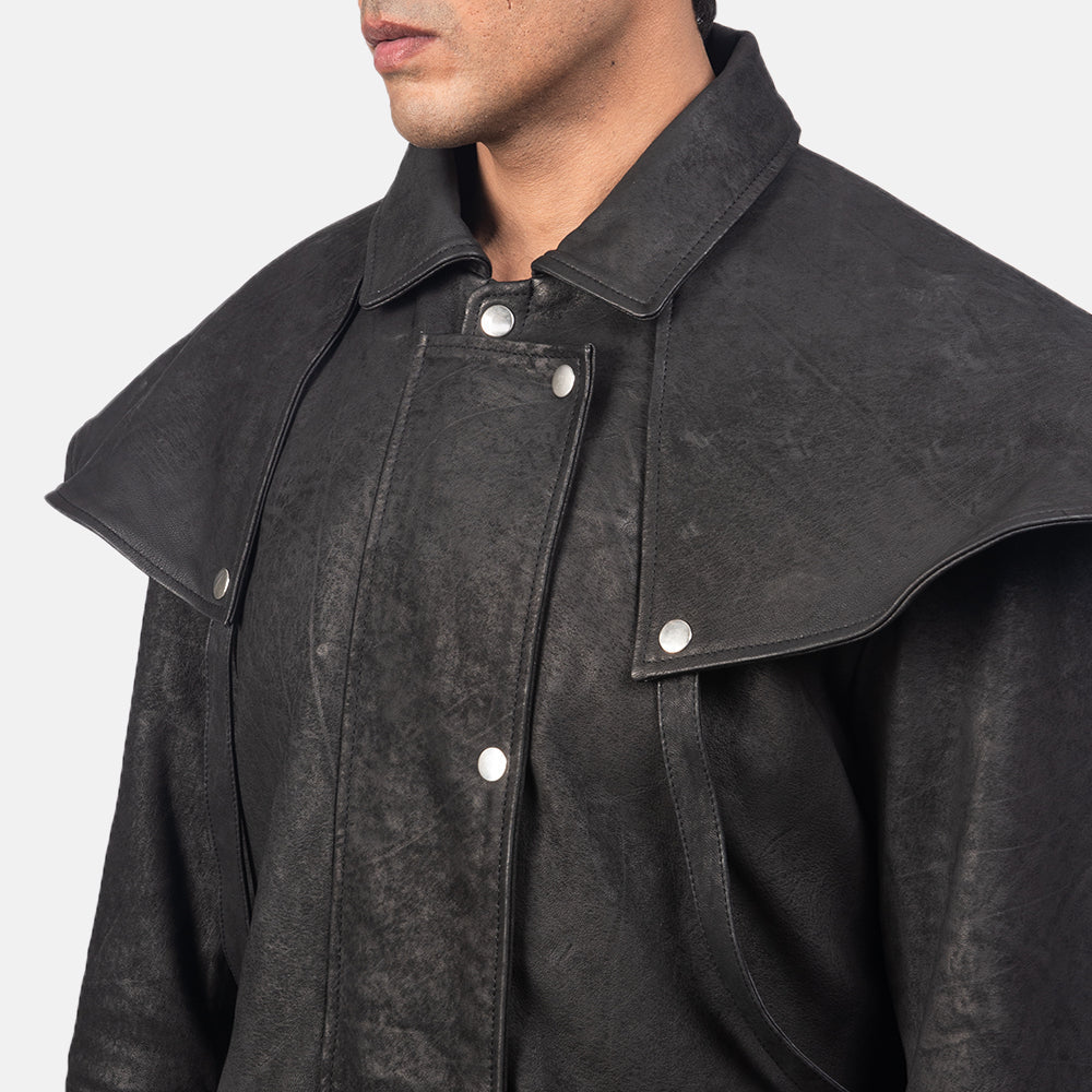 
Close-Up Detail of Shirt & Heavy-Duty Zipper Hardware on Maverick Black Leather Duster