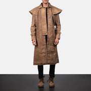 Men's Maverick Brun Leather Duster for Herre in Distressed Brown Sheepskin Snuffed - Front Profile View &amp; Tailored Silhouette | Buy Online