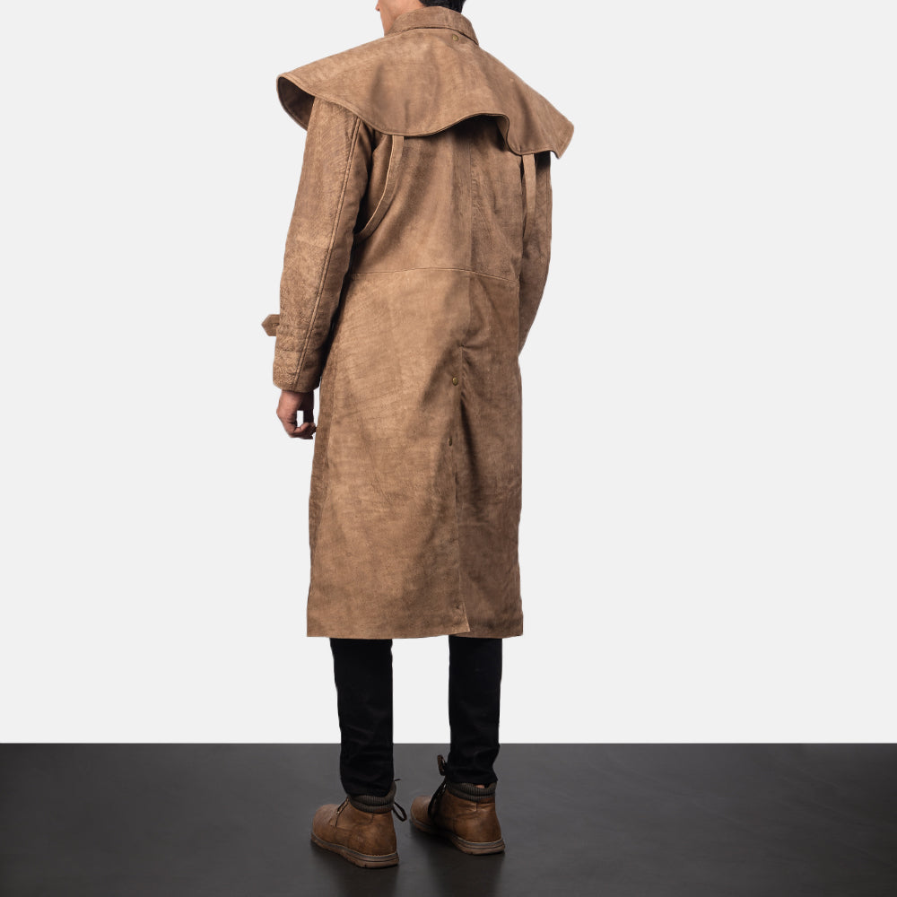Men's Maverick Brun Leather Duster for Herre - Lateral Side Profile View Showing Sleeve Cut &amp; Athletic Taper Fit